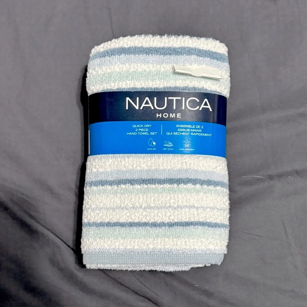 2 Nautica Pembrook Blue White Ice Stripes Hand Towels COTTON Striped Quick Dry